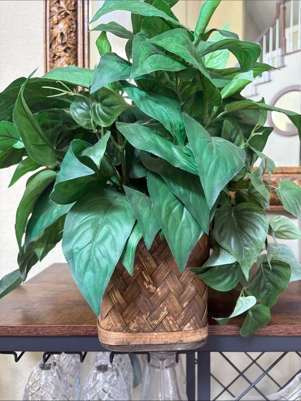 Artificial Green Leaf Pothos in Woven Planter - Green